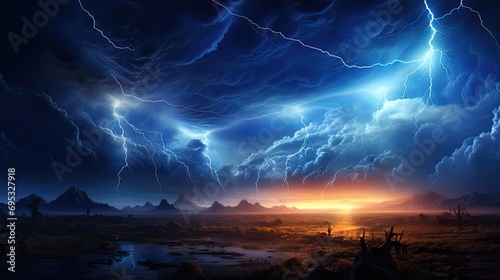 Glowing lightning electrifies the night sky casting photo