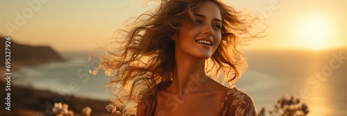 Banner Happy Young Woman Sunset Posing , Banner Image For Website, Background, Desktop Wallpaper