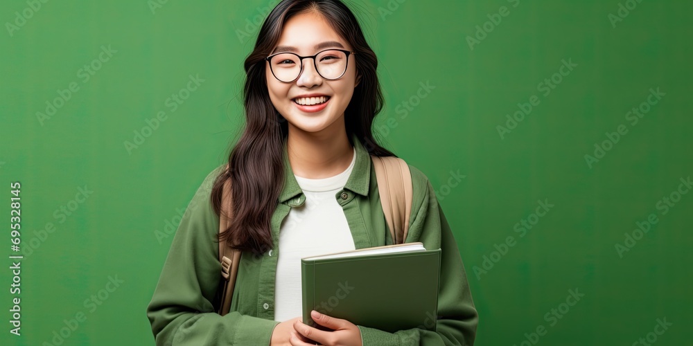 A young Asian student with a backpack, glasses, and a green folder, exuding happiness in an academic setting. A young Asian student with a backpack, glasses, and a green folder, exuding happiness in an academic setting.