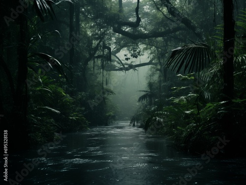 Misty rainforest with river