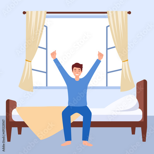 Young woman wakeup fresh in the morning with opened window in flat design.