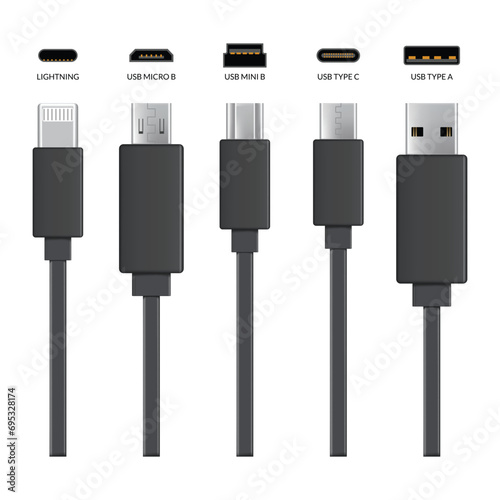 Usb cable connectors. Realistic vector set of phone jacks for cabling in black color. Cable for charging or transmitting information for modern electronic devices