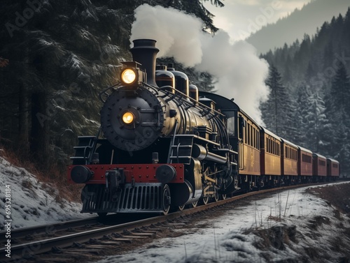Vintage steam train chugging through snowy woods