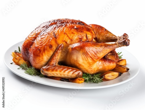 Roast chicken with a golden glaze served on a white plate