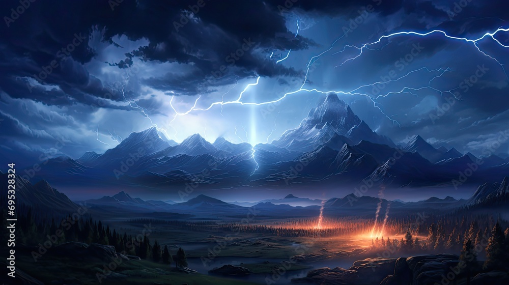 Glowing lightning electrifies the night sky casting