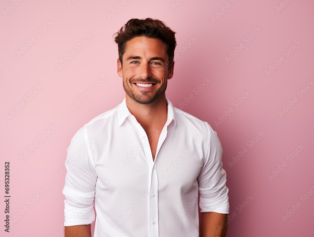Content man in white blouse on pink backdrop Content man in white blouse on pink backdrop