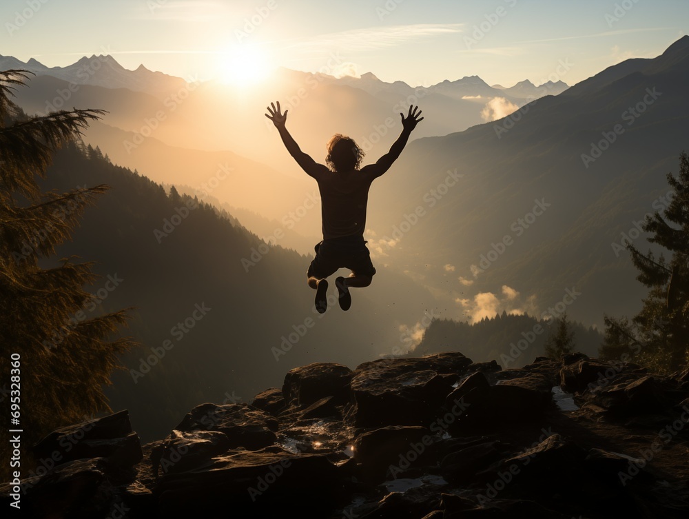 Man jumping over mountain rocks at sunrise