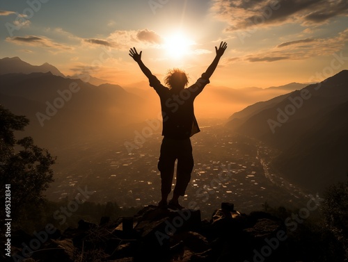 Joyful leap in the mountains at sunset