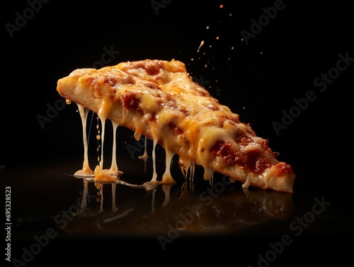 Melting cheese on pizza slice against a dark background