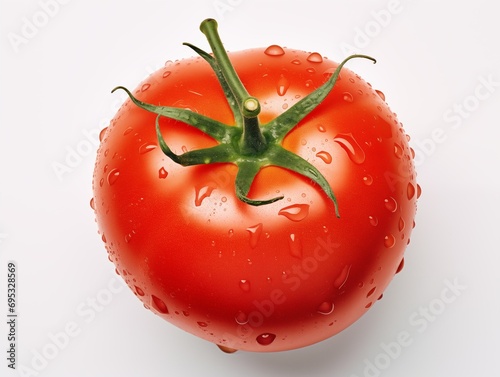 Top view of a dewy tomato with stem on a white backdrop