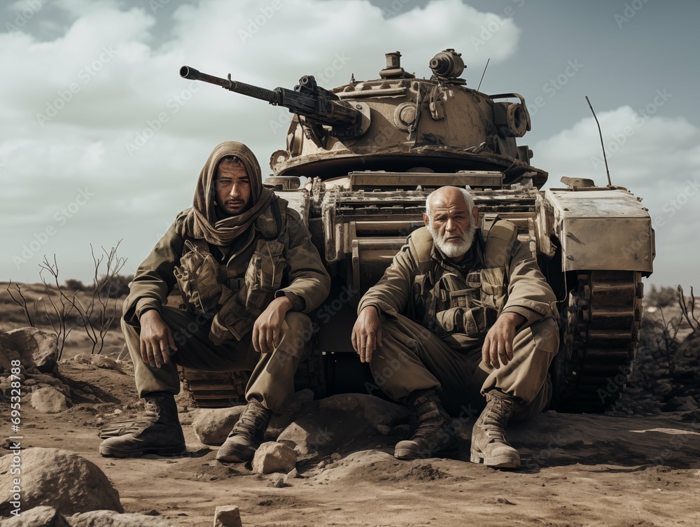 Soldiers resting beside a tank in a desert landscape