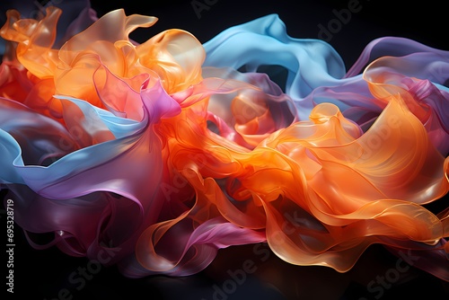 Cascading ribbons of liquid colors flowing gracefully against a dark background, creating an ethereal and mystical atmosphere
