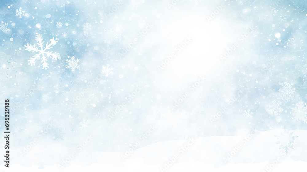 light blue winter background with blurred white snowflakes, watercolor Christmas greeting form, an empty copy space in the cold colors of winter
