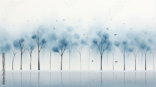 light white blue fog, a row of trees. watercolor abstract background late autumn, symbol landscape view cold light November, copy space blank blank