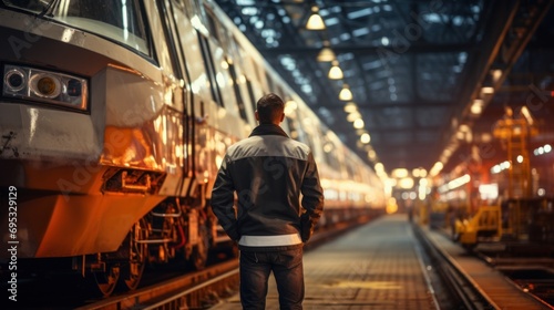 Rear view young man engineer overall checking the electric train in railway workshop for engineering industry