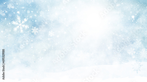 light blue winter background with blurred white snowflakes, watercolor Christmas greeting form, an empty copy space in the cold colors of winter © kichigin19