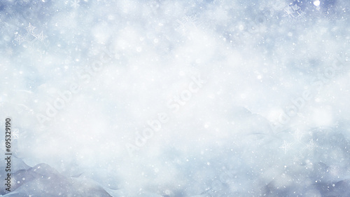 winter postcard blank form watercolor drawing, landscape in blue tones, covered with snow, snowfall in light blue tones abstract blurred background