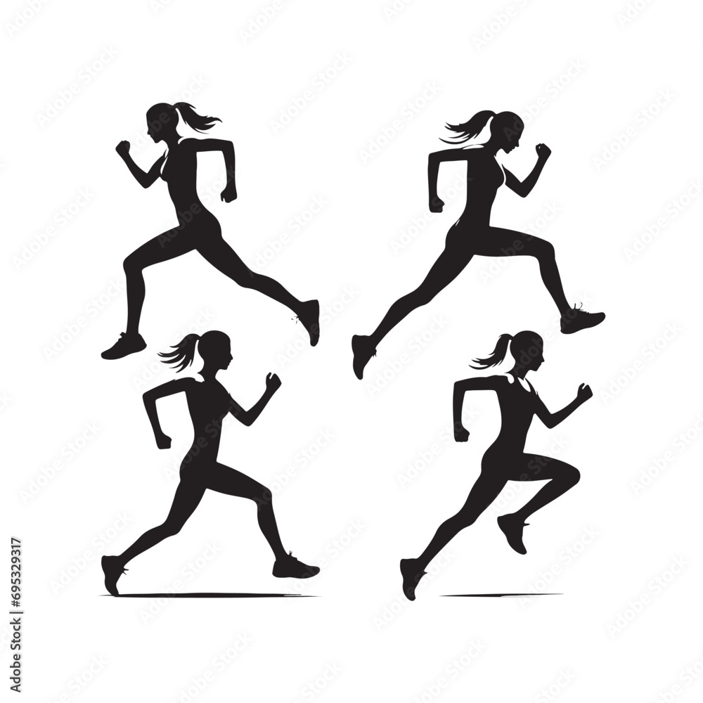 Set of running woman silhouette: Woman Runner in Action, Silhouetted Motion, and Active Lifestyle Concepts - Minimallest woman running black vector set
