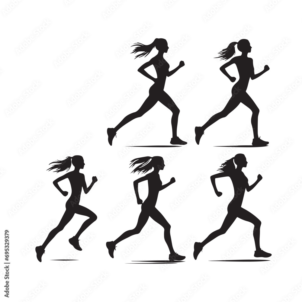 Fototapeta premium Set of running woman silhouette: Trail Running, Wilderness Adventure, and Outdoor Recreation Fitness - Minimallest woman running black vector set 