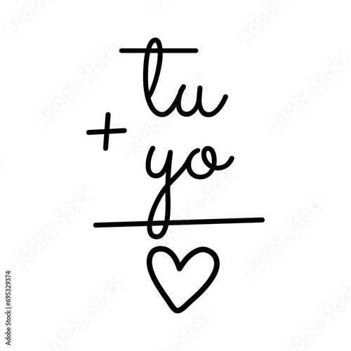 Declaración de amor. Fórmula matemática Tu + yo = amor en español para su uso en felicitaciones y tarjetas de San Valentín