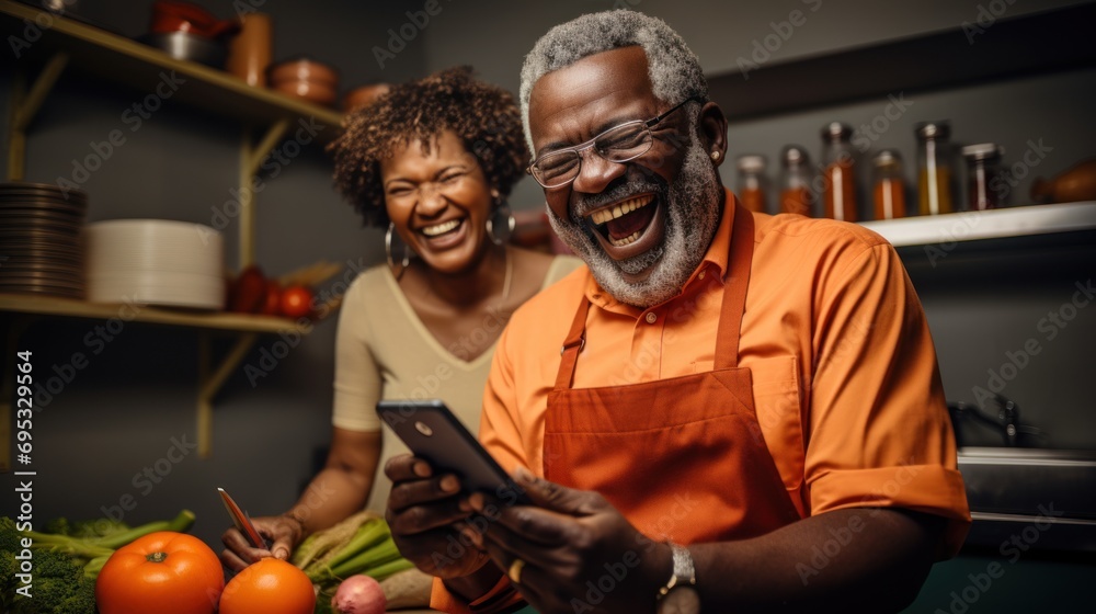 A senior black man holding a kitchen knife and carrots Mature woman holding a smartphone Both in an apron and laughing