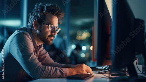 Waist-up view of bearded man wearing eyeglasses and casual attire, sitting in front of computer in modern office, photo