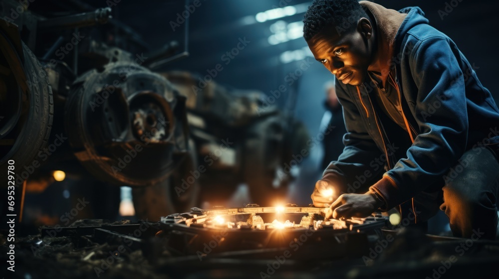 Young man engineer working with laptop in railway workshop for engineering industry Young man engineer working with laptop in railway workshop for engineering industry
