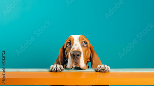 Curious Basset Hound Peeking over Orange Surface photo