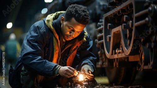 Young man engineer working with laptop in railway workshop for engineering industry