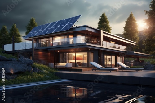Modern house with solar panels on the roof. Renewable energy, ecology, environment concept. © happy_finch