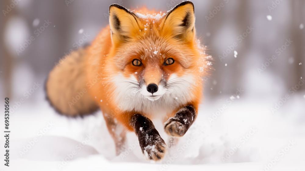 Obraz premium Intense red fox stalking through deep snow, focused and alert in its habitat. 