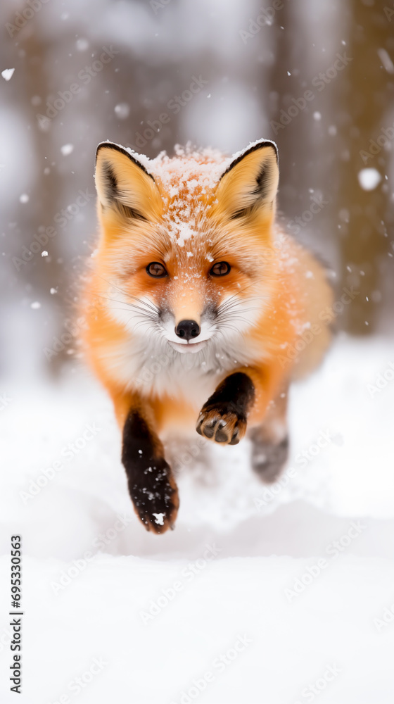 Fototapeta premium Joyful red fox leaping in a snowy landscape, a vibrant winter wildlife scene.