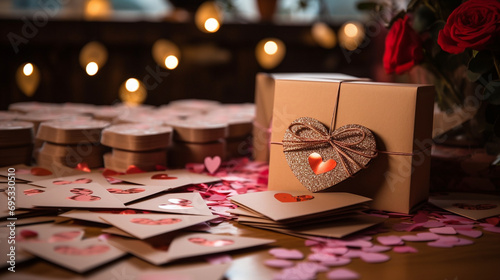 Love letters and valentine cards spread out on a wooden table, Valentines Day