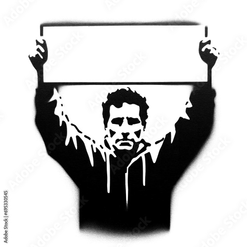 a man holding up a sign in stencil-art style,black and white, generative ai