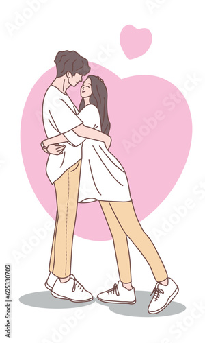 Love tenderness and romantic feelings concept. Young loving smiling couple boy and girl standing hugging embracing each other feeling in love vector illustration