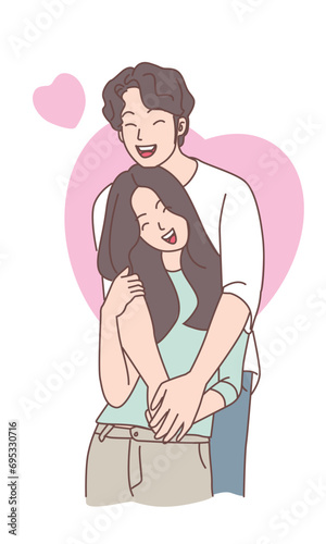 Love tenderness and romantic feelings concept. Young loving smiling couple boy and girl standing hugging embracing each other feeling in love vector illustration