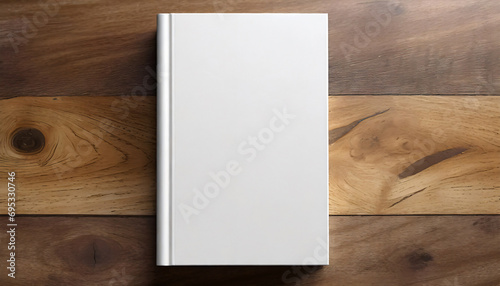 Top view of a white blank book with hard cover lying on a brown table