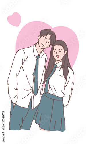 Love tenderness and romantic feelings concept. Young loving smiling couple boy and girl standing hugging embracing each other feeling in love vector illustration