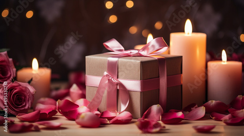 A romantic setup with petals and candles leading to a gift  Valentines Day
