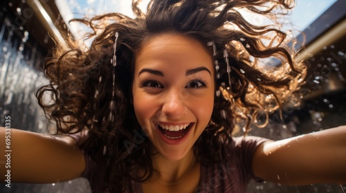 Cute and happy Hispanic young woman doing self hair treatment after bath © sirisakboakaew