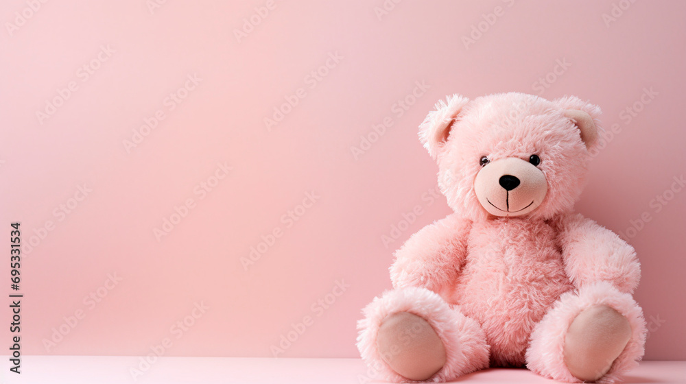 Pink teddy bear on a pink background. Selective focus. Pink teddy bear on a pink background. Selective focus.