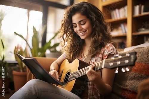 Beautiful young woman playing guitar with Digital tablet learning to play in online course sitting on sofa at home