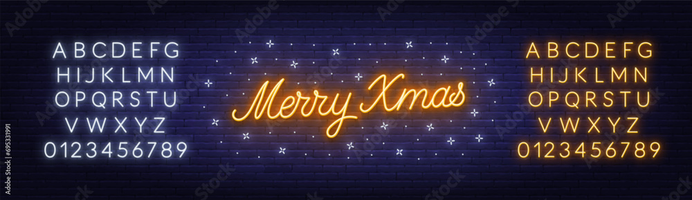 Merry Xmas neon lettering on brick wall background.  White and Yellow neon alphabets.
