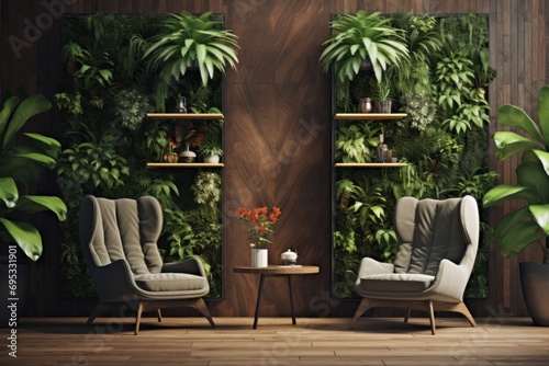 Stylish living room interior with comfortable armchairs, coffee table. Vertical garden - wall design of green plants. Architecture, decor, eco concept photo