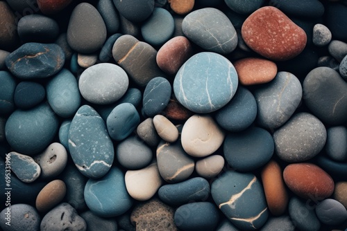 Textured rocks and pebbles on a beach create an abstract and soothing nature backdrop. photo