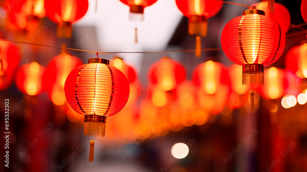 Chinese red lanterns on the street. Selective focus. Chinese red lanterns on the street. Selective focus.