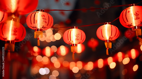 Chinese red lanterns on the street. Selective focus.