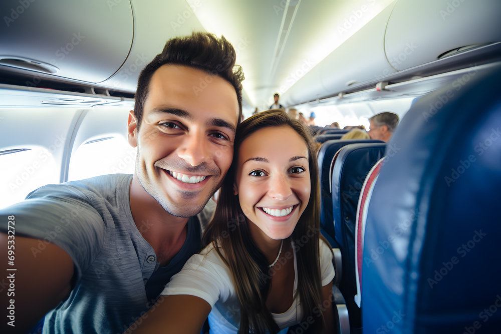 Happy tourist taking a selfie inside an airplane - Vacation and Transportation Concept Happy tourist taking a selfie inside an airplane - Vacation and Transportation Concept