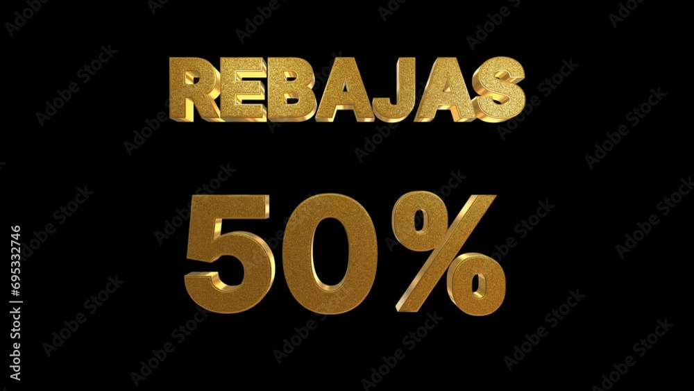 Texto qué pone Rebajas 50%, letras grandes 3D doradas en moviento, 
