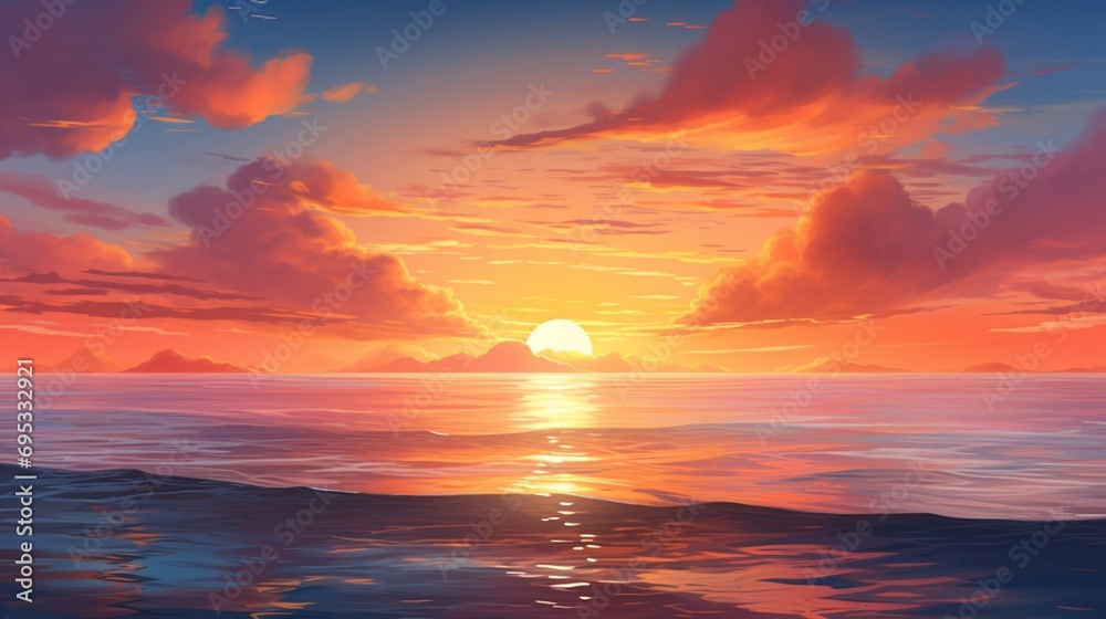 an image portraying a spectacular sunrise over the ocean horizon, with the sun's rays illuminating the sky in vibrant hues of orange and pink, reflecting on the calm waters below, - Generative AI